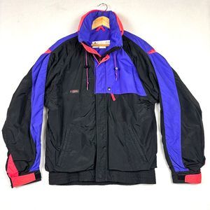 VTG 80s 90s Columbia Mens Jacket Shell Hooded Windbreaker Neon Sz M - NICE!